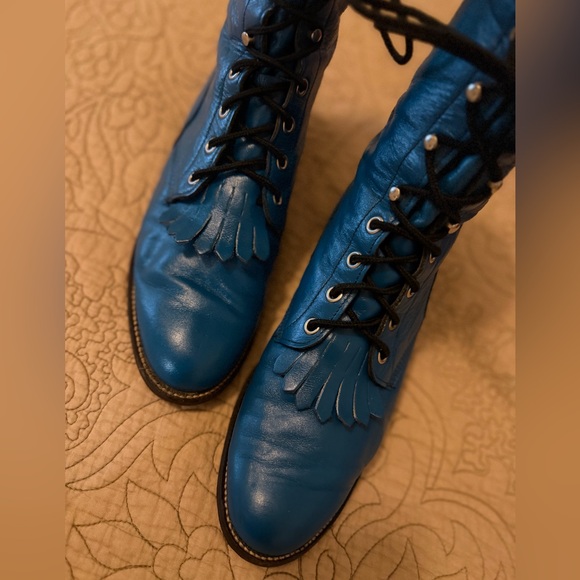 VTG Justin 80s 90s Teal Turquoise Blue Lace-Up Kiltie Roper Granny Boots 7.5-8 - Picture 4 of 11